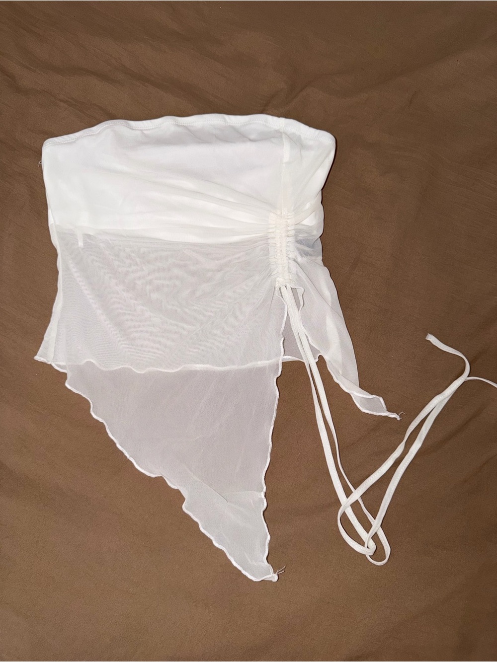 SHEIN White Strapless Mesh Overlay Bandeau Top with Tie